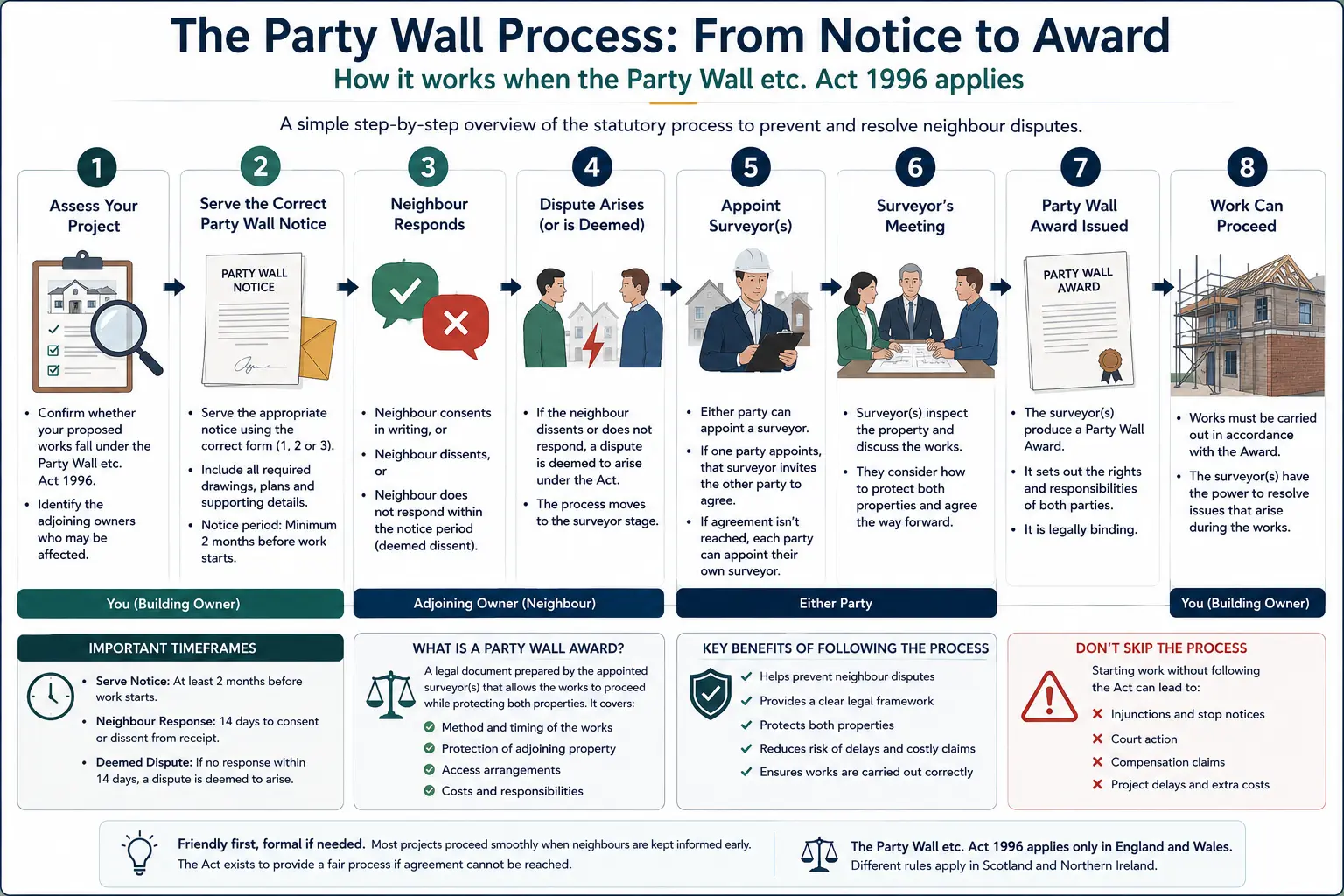 Do I Need a Party Wall Agreement? An infographic showing the party wall process from notice to award in a very interactive way for the citizens living in Greenford, UK