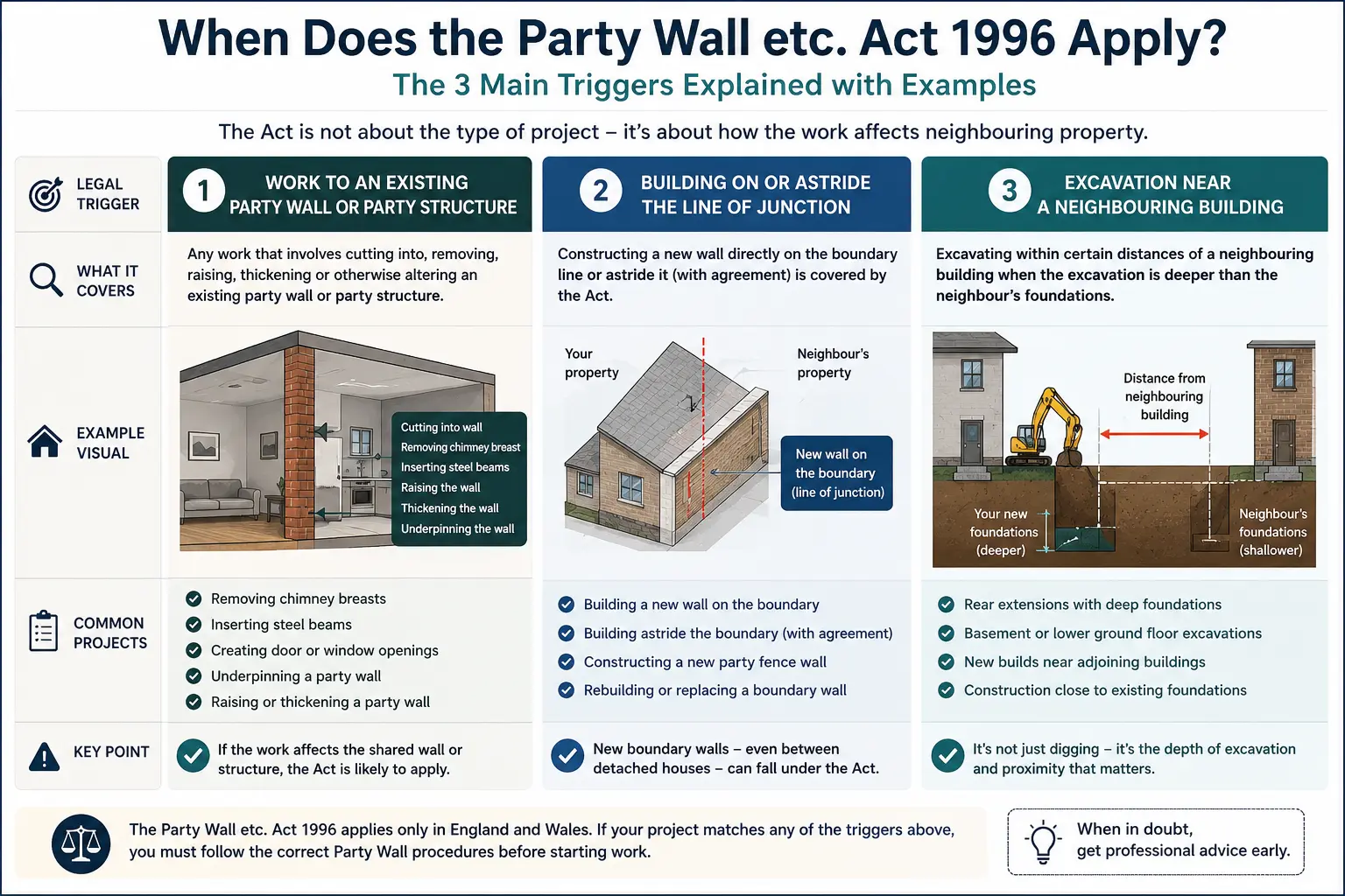 Do I Need a Party Wall Agreement? An infographic showing when does the party wall etc act 1996 apply like excavation, junction, painting, in Greenford, UK